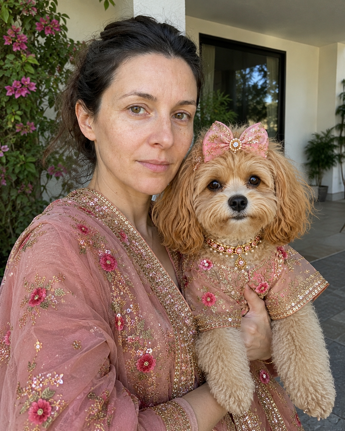 Lina holding Coco in matching outfits