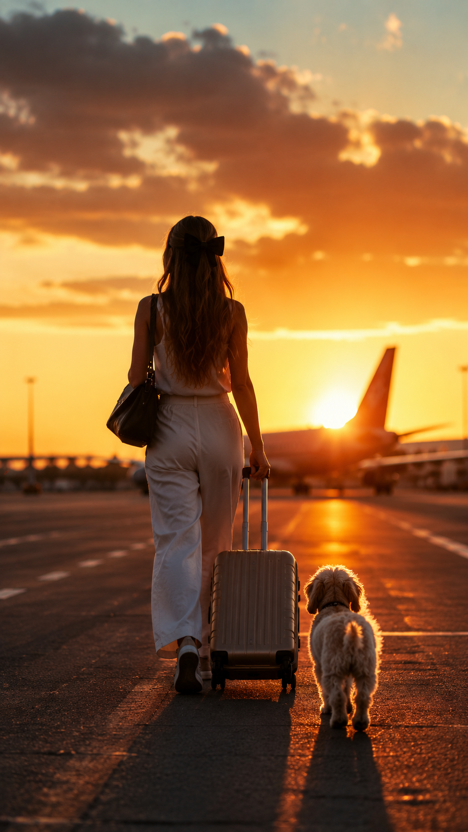 Lina walking to her flight with Coco and suitcase
