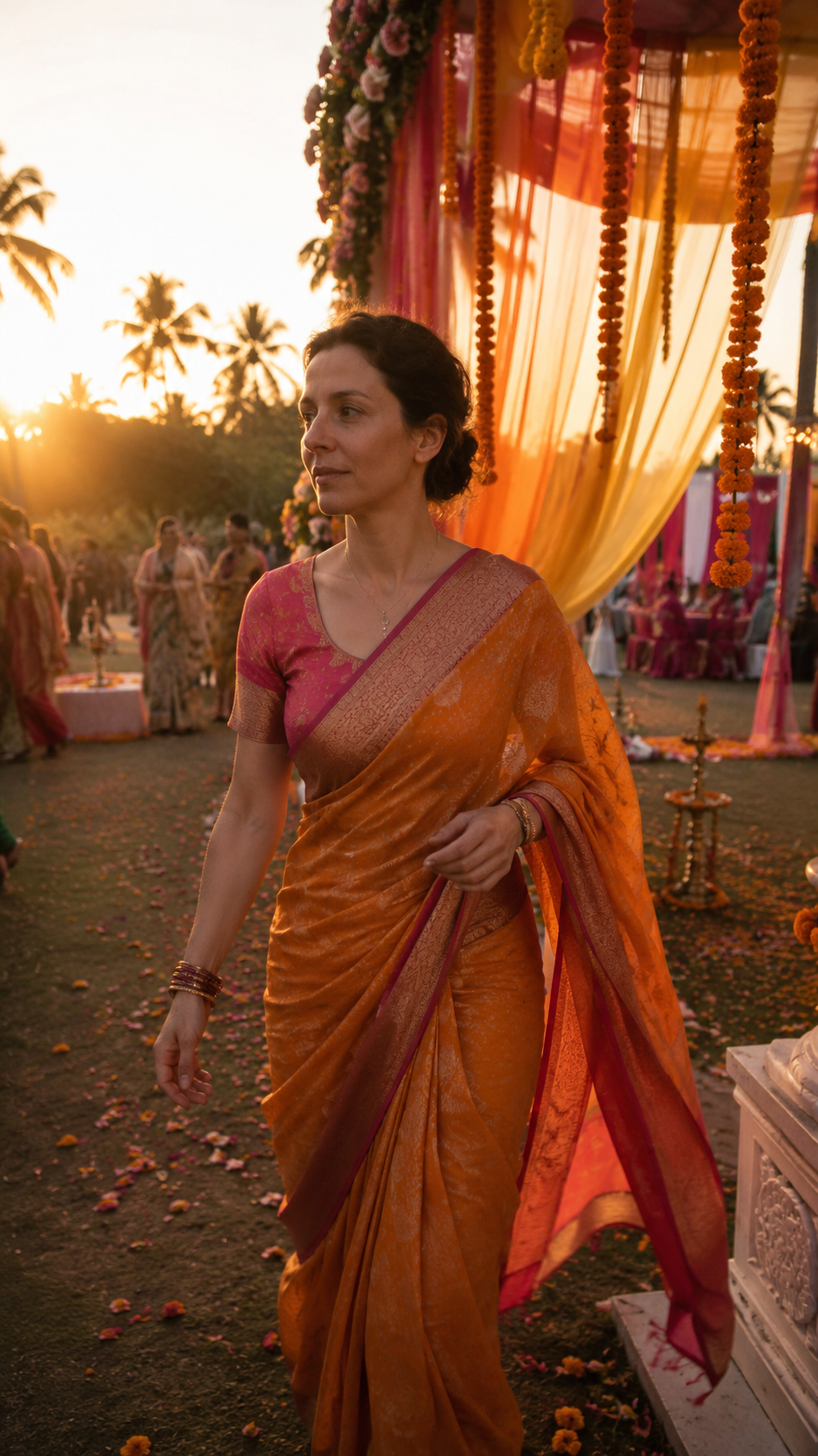 Lina in an orange sari at golden hour in India