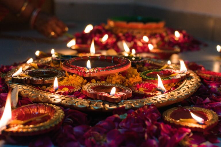Diwali oil lamps glowing at night