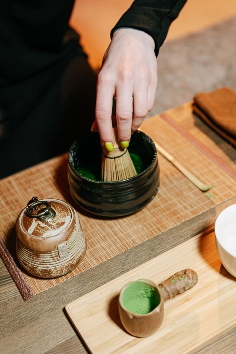 Matcha tea bowl and whisk at a Kyoto tea ceremony, Japan