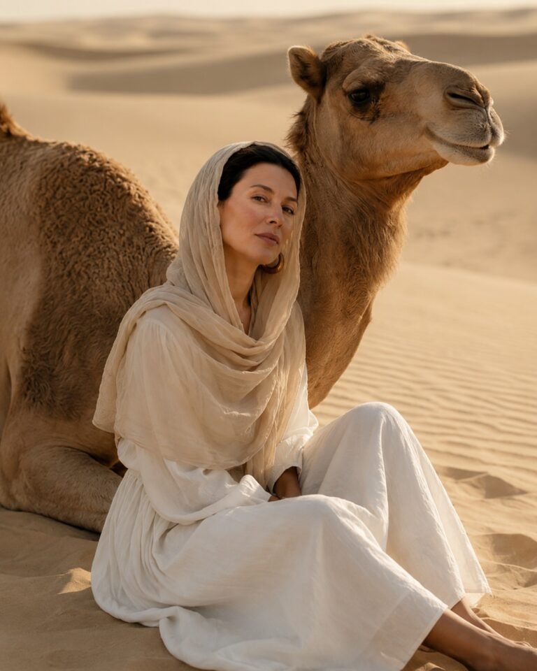 Sahara 2 A traveller in a rust-coloured scarf watching a camel caravan cross a dune ridge in the Sahara
