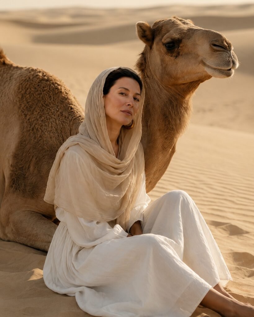 A traveller in a rust-coloured scarf watching a camel caravan cross a dune ridge in the Sahara