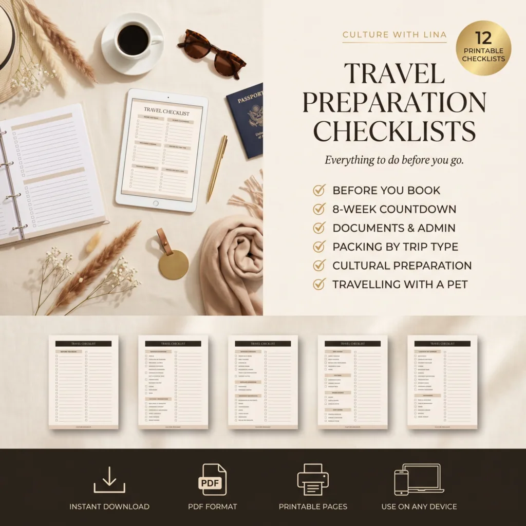 Travel Preparation Checklists by Culture With Lina — 12 printable travel planning and packing checklists in PDF format