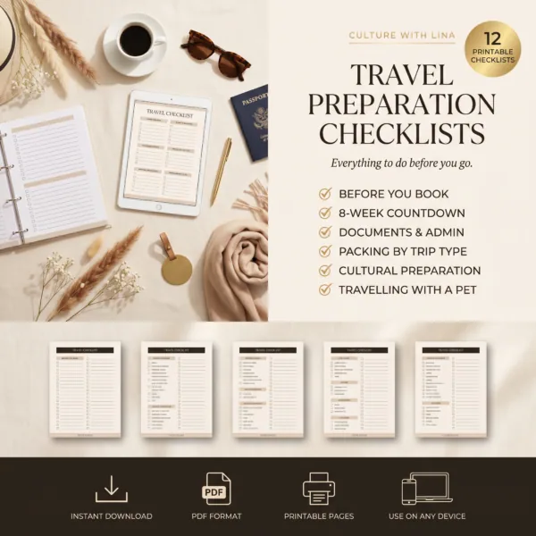 Home 11 Travel Preparation Checklists by Culture With Lina — 12 printable travel planning and packing checklists in PDF format