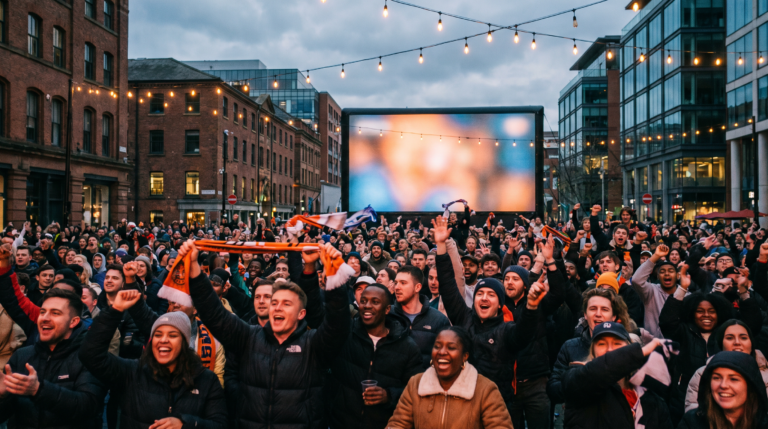 Outdoor watch party crowd celebrating in a city plaza