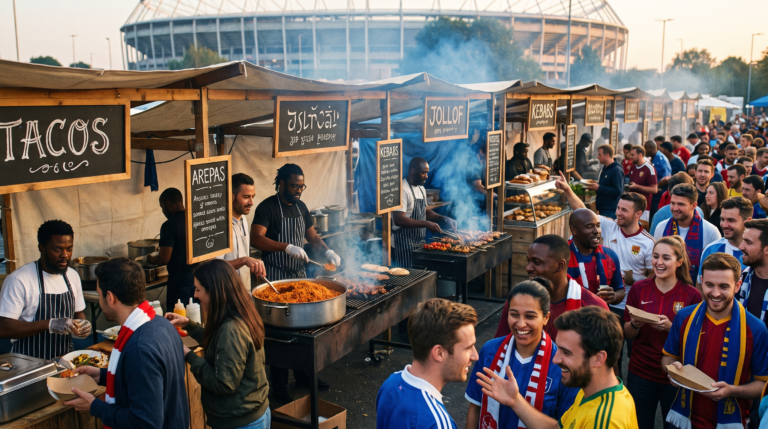 International street food stalls outside a World Cup stadium