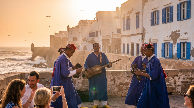 Gnaoua musicians at a wedding on the Essaouira ramparts, Morocco