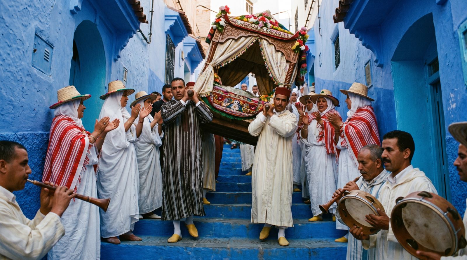 Morocco 5 Jebala wedding procession carrying the amariya through Chefchaouen