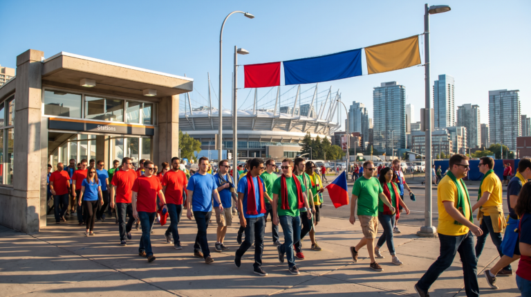 Fans walking through a North American host city on match day