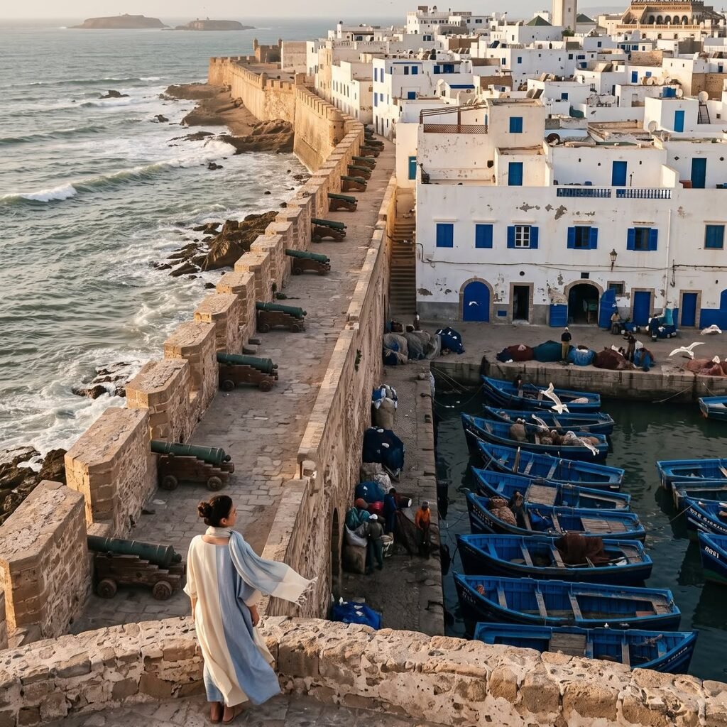 Essaouira: Gnaoua, Atlantic Wind and the Slowest Blue Town in Morocco 2 Indigo blue shutters against a white wall and palm fronds in Essaouira, Morocco