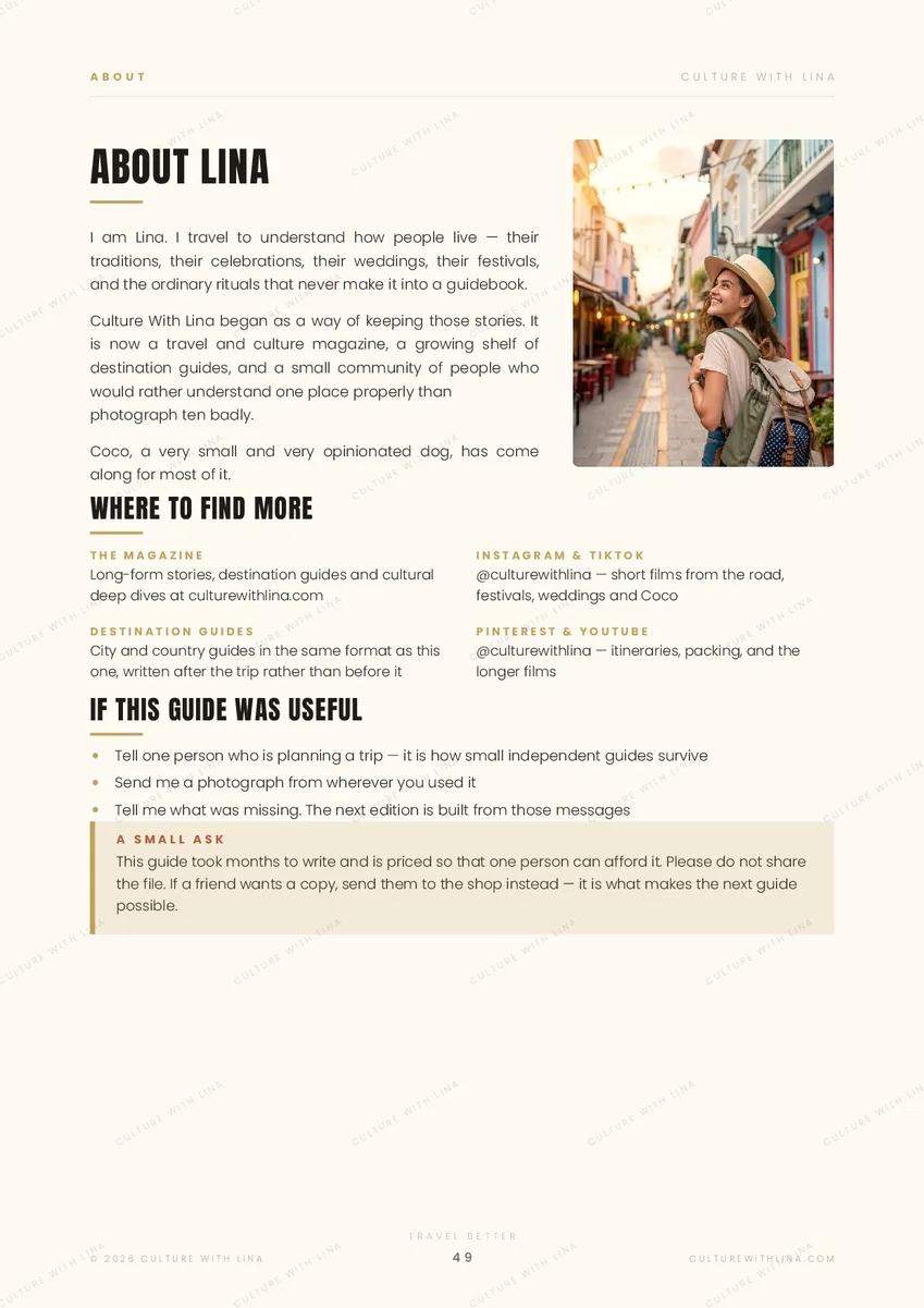 About Lina page from the Travel Better guide, the Culture With Lina travel creator