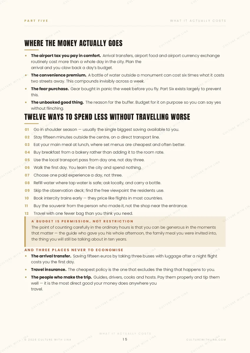 Daily budget tables from the Travel Better guide showing three realistic travel budgets