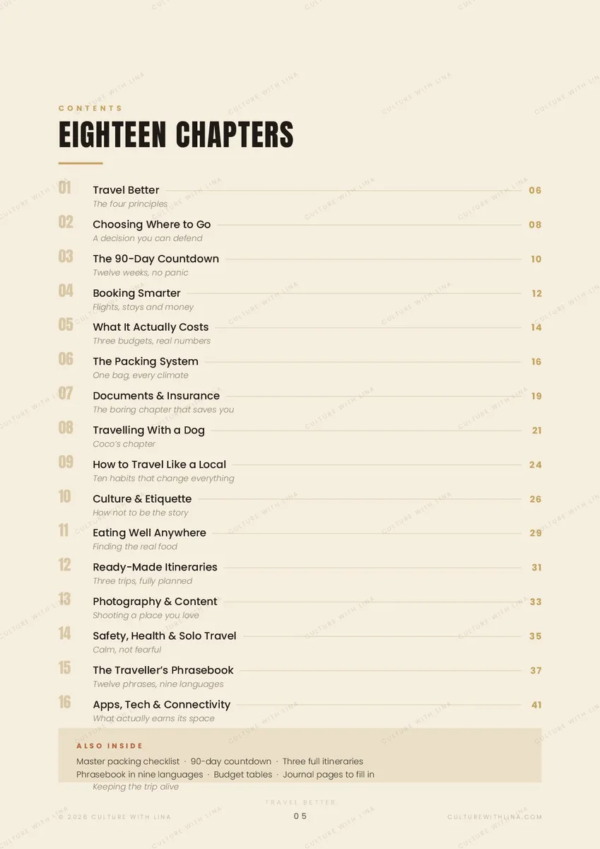 Contents page of the Travel Better guide listing all eighteen chapters and their page numbers