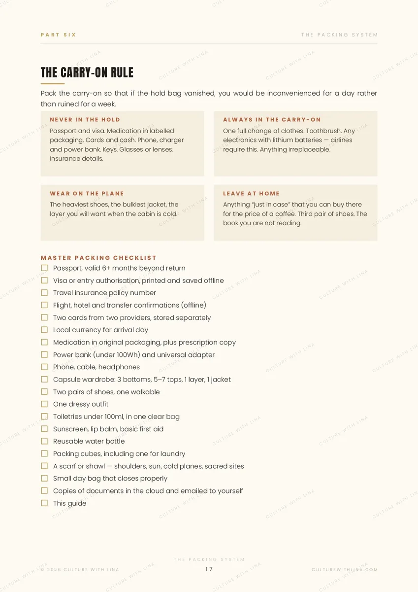 The master packing checklist and carry-on rule from the Travel Better travel guide