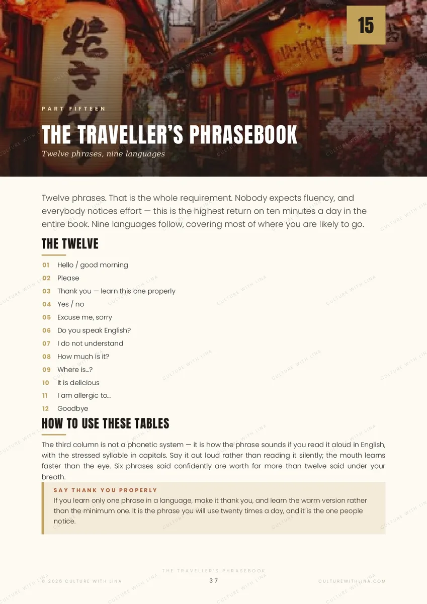 The traveller phrasebook from the Travel Better guide with twelve phrases in nine languages