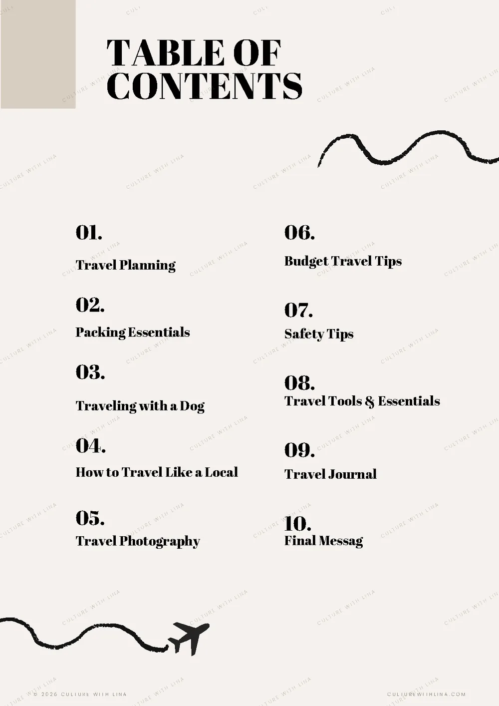 Travel guide ebook contents page — the ten sections inside the Culture With Lina planning PDF