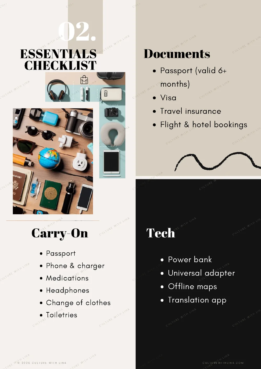Printable packing list page — documents, carry-on and tech essentials checklist