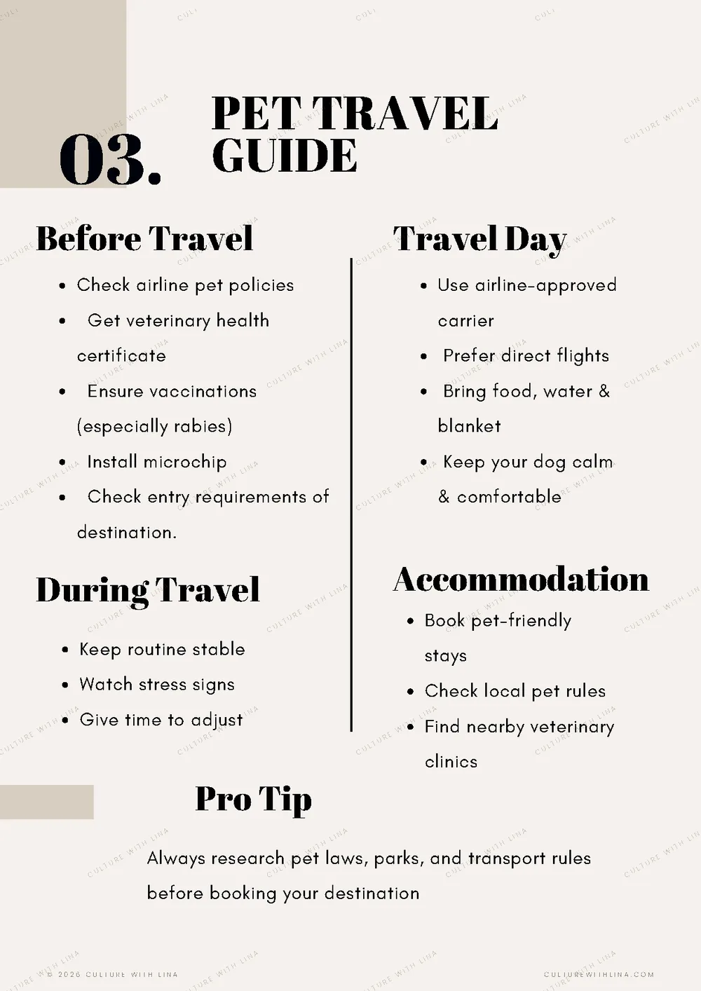 Pet travel guide page — flying with a dog, paperwork and travel-day checklist
