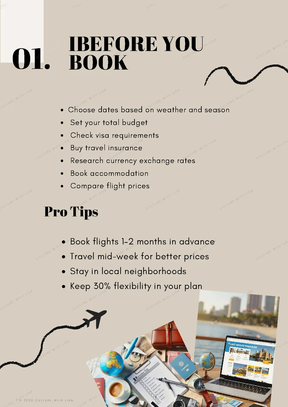 Travel planning checklist page from the travel guide ebook — what to do before you book